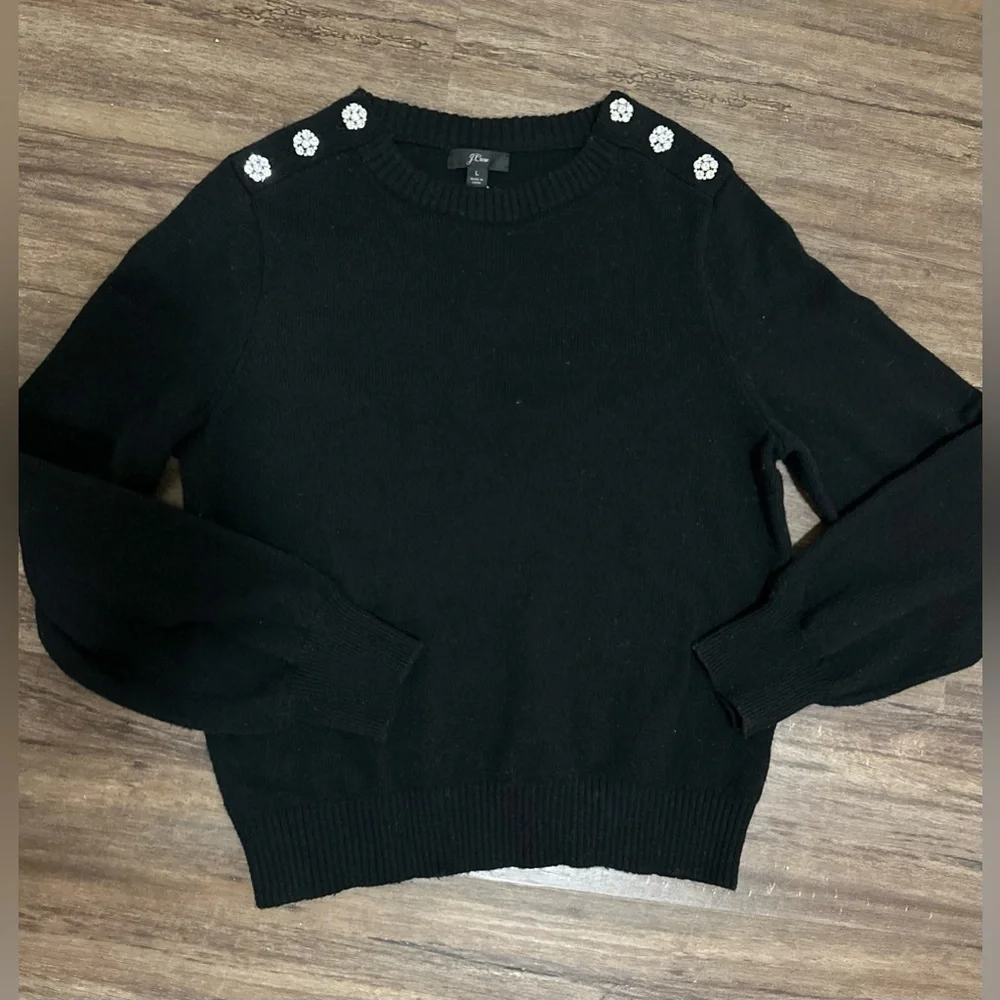 J. Crew Crewneck Sweater with Jeweled Buttons in Black. Size L